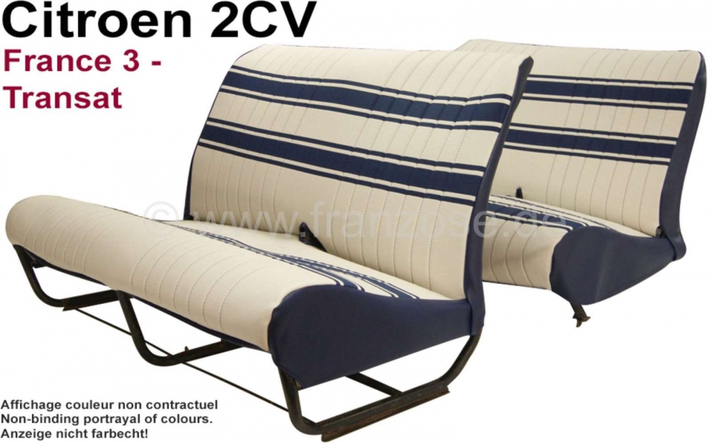 Citroen-2CV - Stoelbankhoes 2CV (France 3 - Transat), voor 1 voorbank + 1 achterbank. Stof: wit met blau