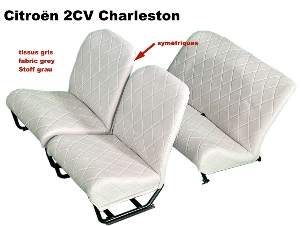 Citroen-2CV - Stoelbekleding 2CV6 Charleston, voor + achter. Symmetrische rugleuning. Stof van grijs vel