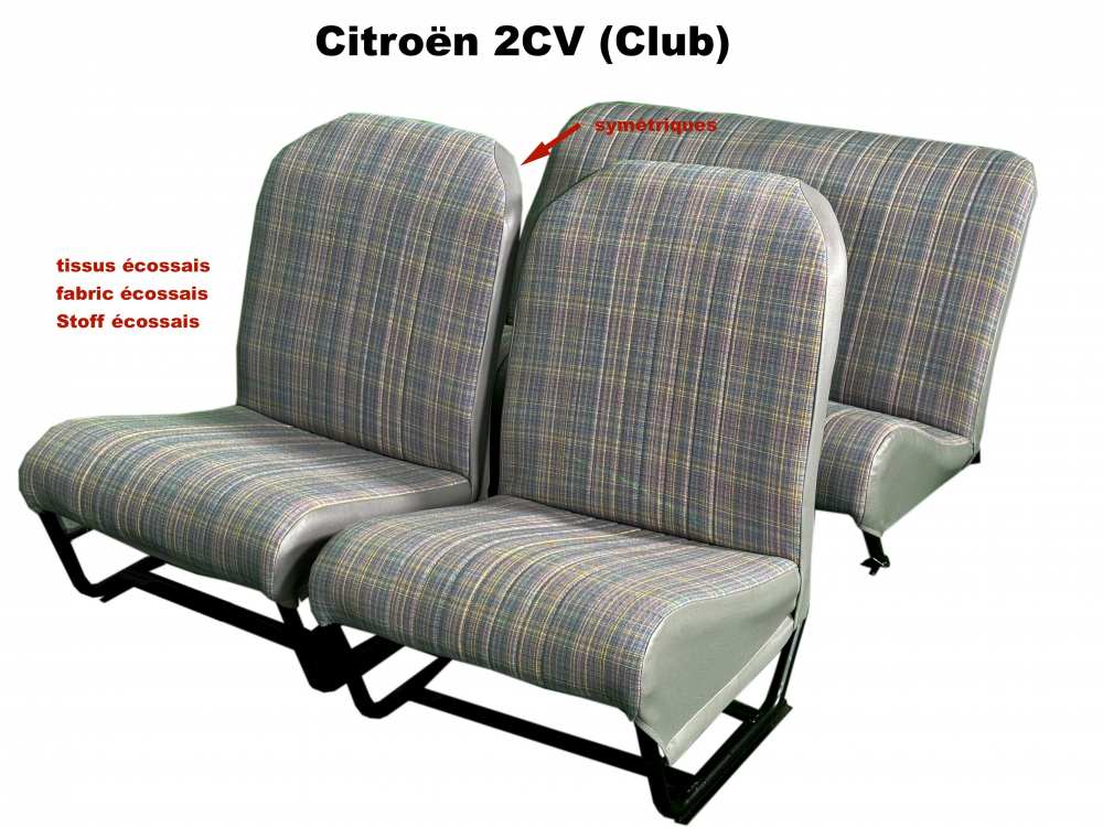 Citroen-2CV - Stoelbekleding 2CV6 Club, voor + achter. Symmetrische rugleuning. Stof (Ecossais 1661) in 