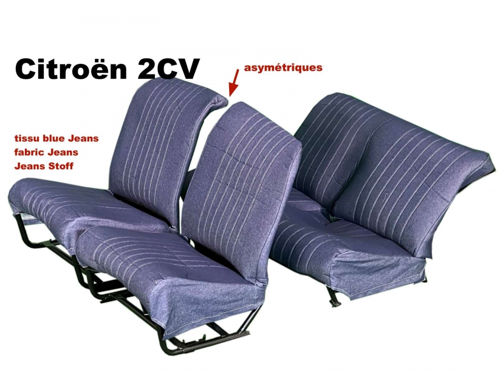 Citroen-2CV - Stoelbekleding 2CV6 voor + achter. Asymmetrische rugleuning. Jeansstof (donkerblauw, echte