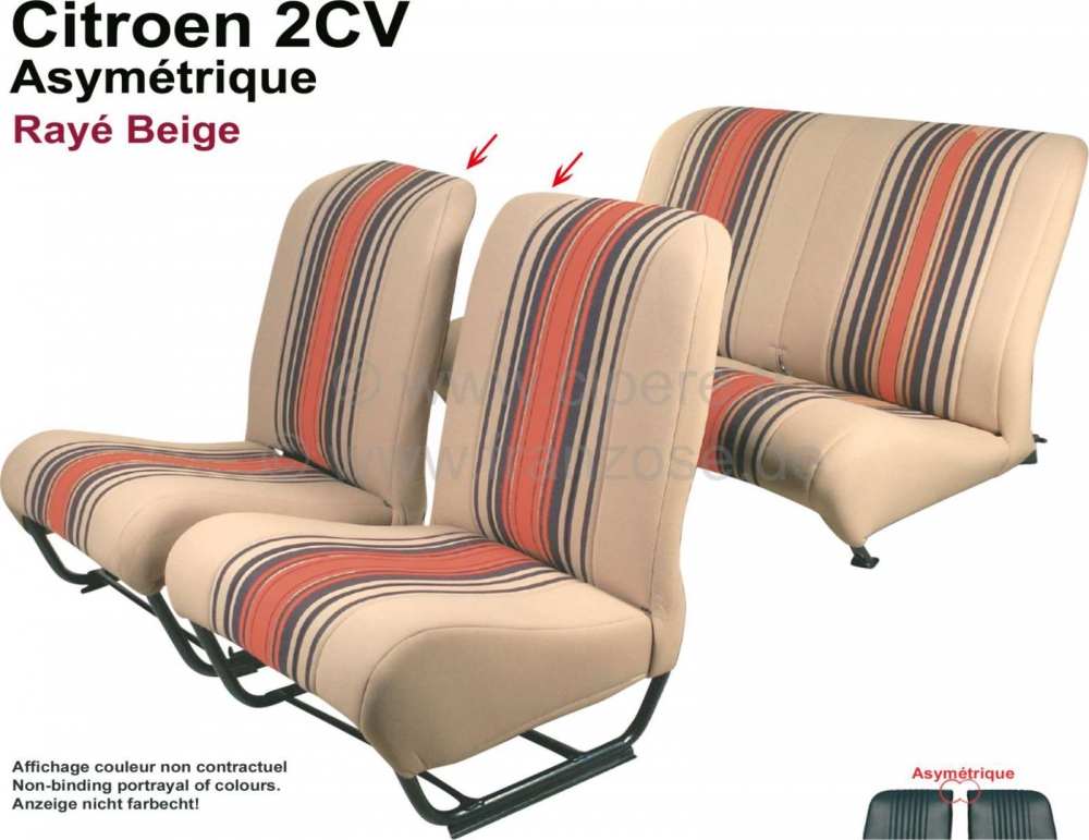 Citroen-2CV - Stoelbekleding 2CV6 voor + achter. Asymmetrische rugleuningen. Stof (Beige Raye 1666) in d