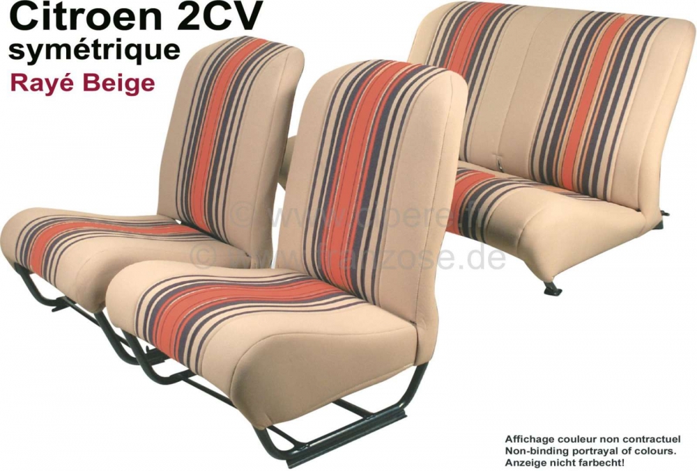 Citroen-2CV - Stoelbekleding 2CV6 voor + achter. Symmetrische rugleuningen. Stof (Beige Raye 1666) in de