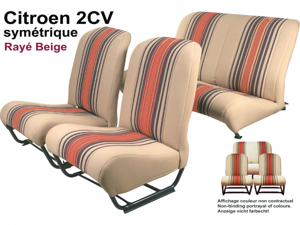 Citroen-2CV - Stoelbekleding 2CV6 voor + achter. Symmetrische rugleuningen. Stof (Beige Raye 1666) in de