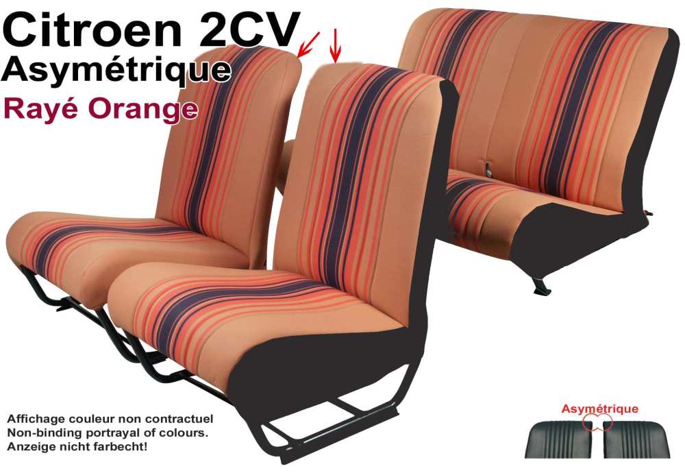 Peugeot - Stoelbekleding 2CV voor + achter. Asymmetrische rugleuningen. Stof: (Raye Orange) in de kl