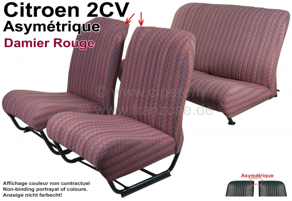 Citroen-2CV - Stoelbekleding 2CV voor + achter. Asymmetrische rugleuningen. Stof: Damier Rouge (stof met