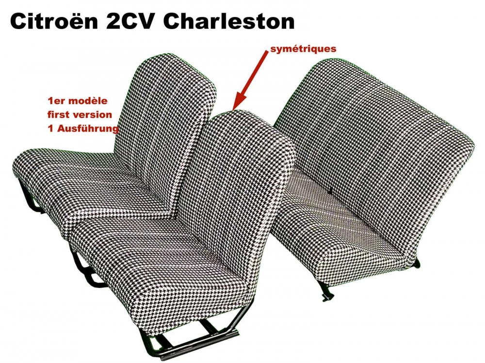 Citroen-2CV - Stoelbekleding 2CV voor + achter. Symmetrische rugleuningen. Stof: Tissu Pied de poule Noi