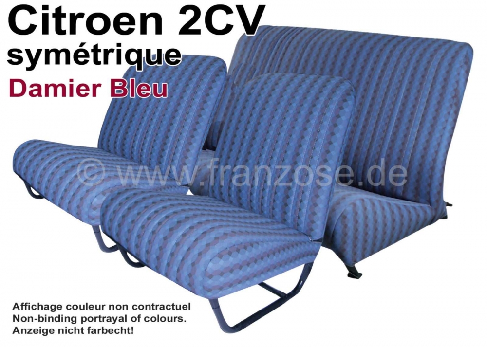 Citroen-2CV - Stoelbekleding 2CV voor + achter. Symmetrische rugleuningen. Stof: Damier Bleu (stof met k