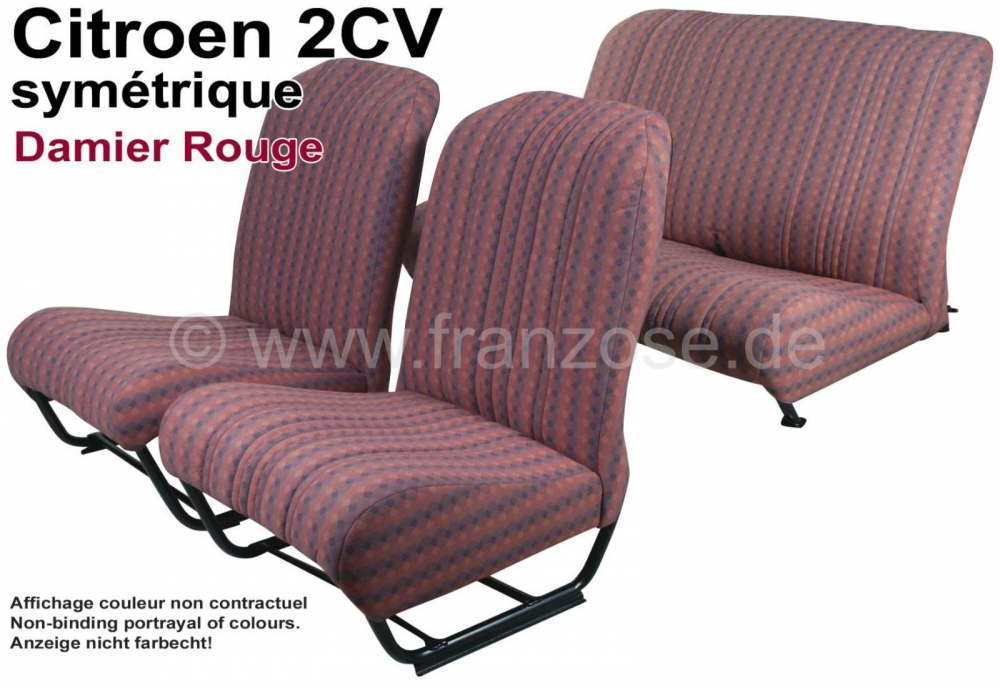 Citroen-2CV - Stoelbekleding 2CV voor + achter. Symmetrische rugleuningen. Stof: Damier Rouge (stof met 