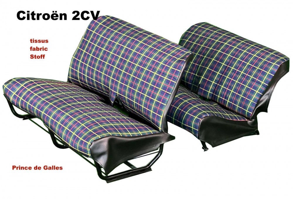Citroen-2CV - Zitbankhoes 2CV voor + achter (voor zitbank). Stof in geblokt blauwgroen (Prince de Galles