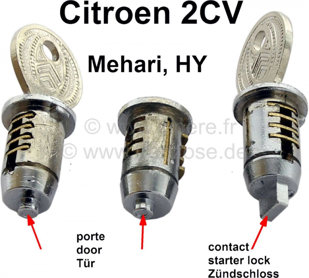 Renault - 2CV oud/Mehari/HY, deurslot, slotcilinder set voor oude 2CV + Mehari, HY. 2x deurslot (ron