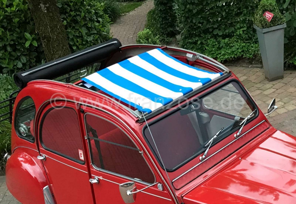 Alle - 2CV, blauw-wit gestreepte luifel. De luifel is gemonteerd met het dak open! De ommanteling