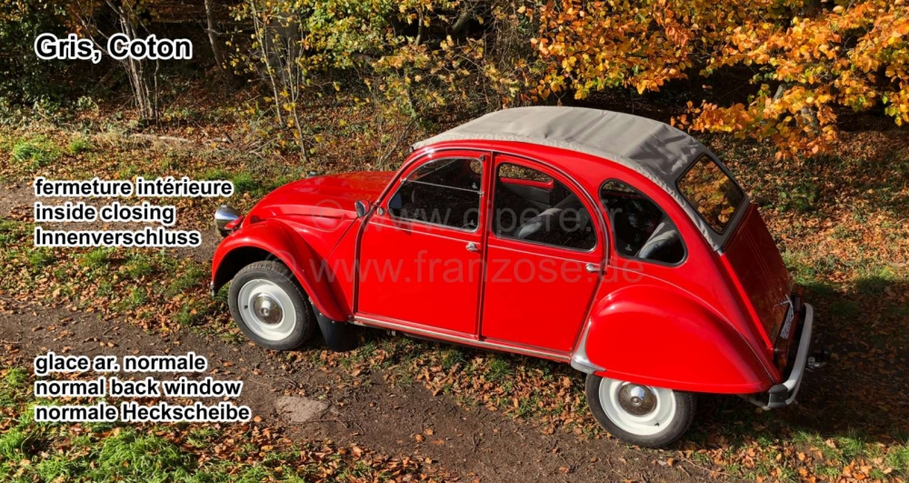 Citroen-2CV - 2CV, katoenen oprolbaar dak, grijs, met normaal achterraam, binnenslot. Gemaakt in Frankri