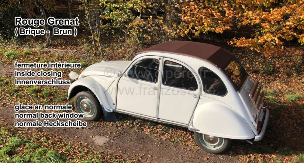 Renault - 2CV, roldak roodbruin, staat erg stijlvol op Charly wijnrood zwart! (Rouge Grenat) interie