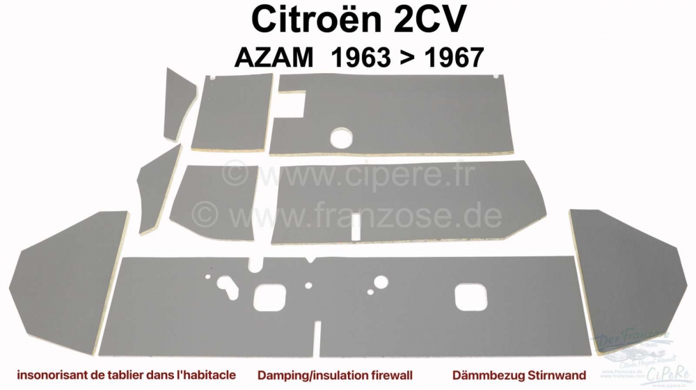 Citroen-2CV - Isolatiehoes voor de voorwand in het interieur (9-delig). Kleur grijs. Geschikt voor Citro