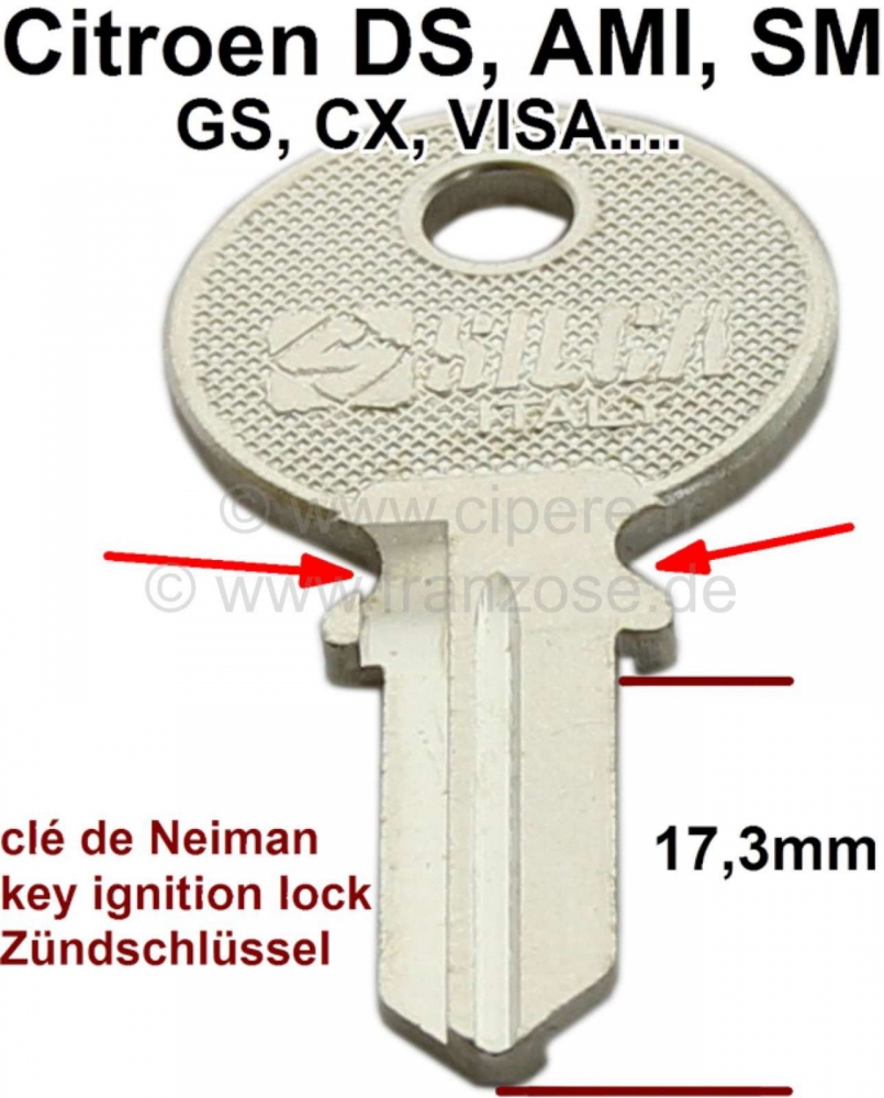 Sonstige-Citroen - Blanco deurslot sleutel. Geschikt voor Citroen DS tot 1974, Citroen AMI6 + AMI8, Citroen S