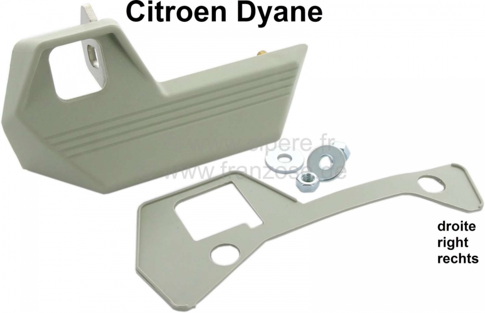 Citroen-2CV - Dyane deurgreep, buiten, rechtsvoor. Kleur: grijs. De deurkruk wordt geleverd inclusief af