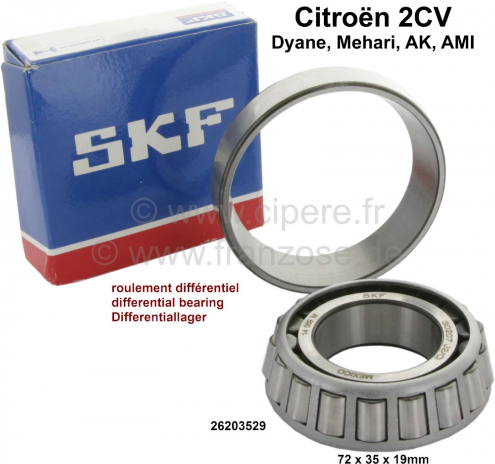 Citroen-2CV - Differentieel lager voor Citroen 2CV6. Binnendiameter: 35 mm, buitendiameter: 72 mm, total