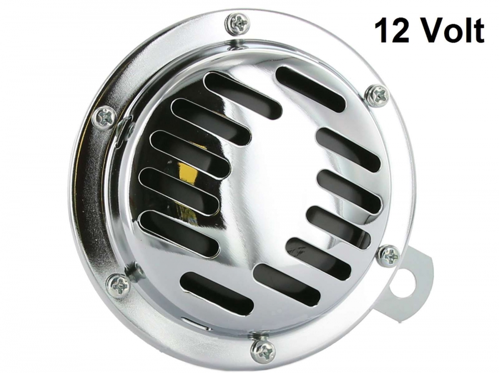 Citroen-2CV - Claxon, 12 volt. Universele pasvorm. Diameter 100 mm! De hoorn is verchroomd.