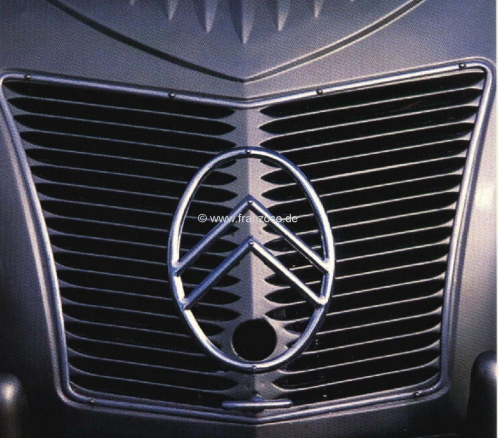Citroen-2CV - 2CV oud, radiatorrooster, Citroen embleem van gegoten aluminium (alleen het embleem). Gesc