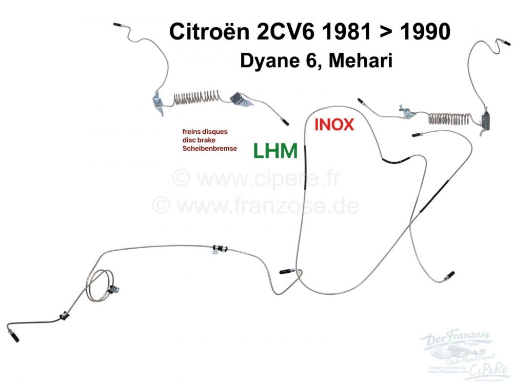 Citroen-2CV - Roestvrijstalen remleiding (complete set). LHM remsysteem. Geschikt voor Citroen 2CV6 vana
