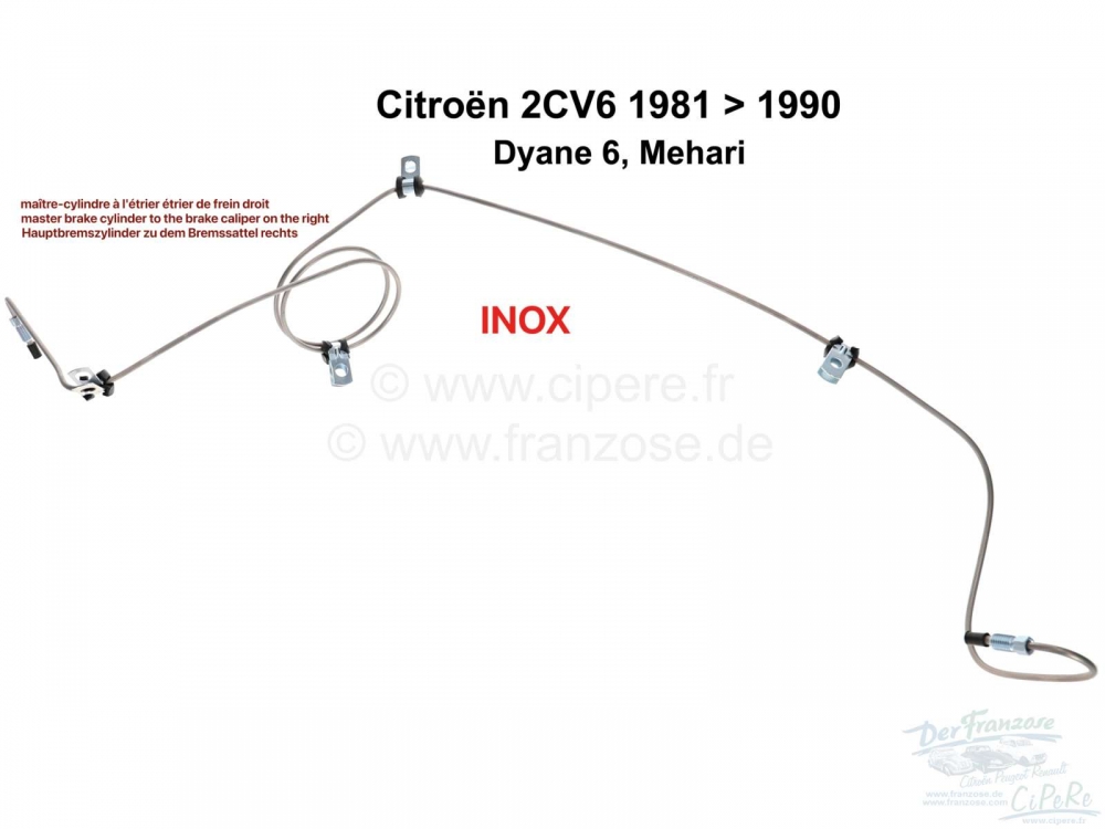 Citroen-2CV - Roestvrijstalen remleiding. Van de hoofdremcilinder naar de remklauw rechts. LHM remsystee