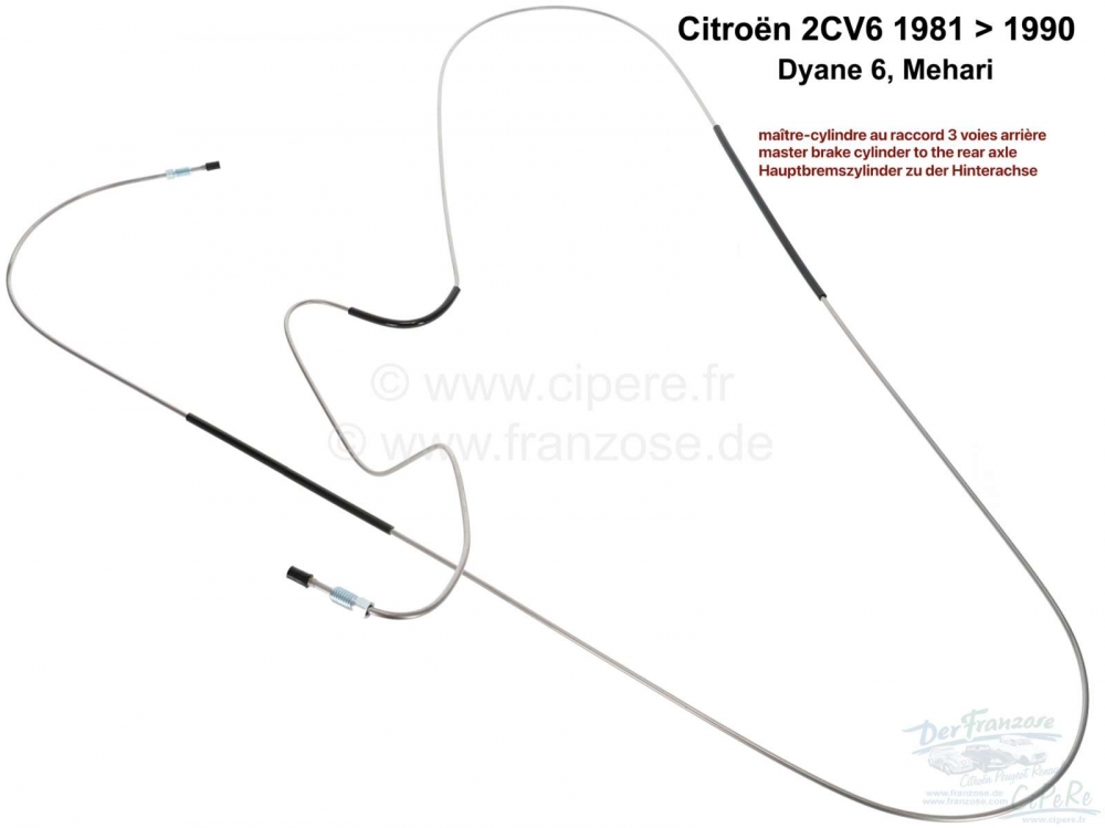 Citroen-2CV - Roestvrijstalen remleiding. Verbinding van de hoofdremcilinder naar de achteras, op de 3-w