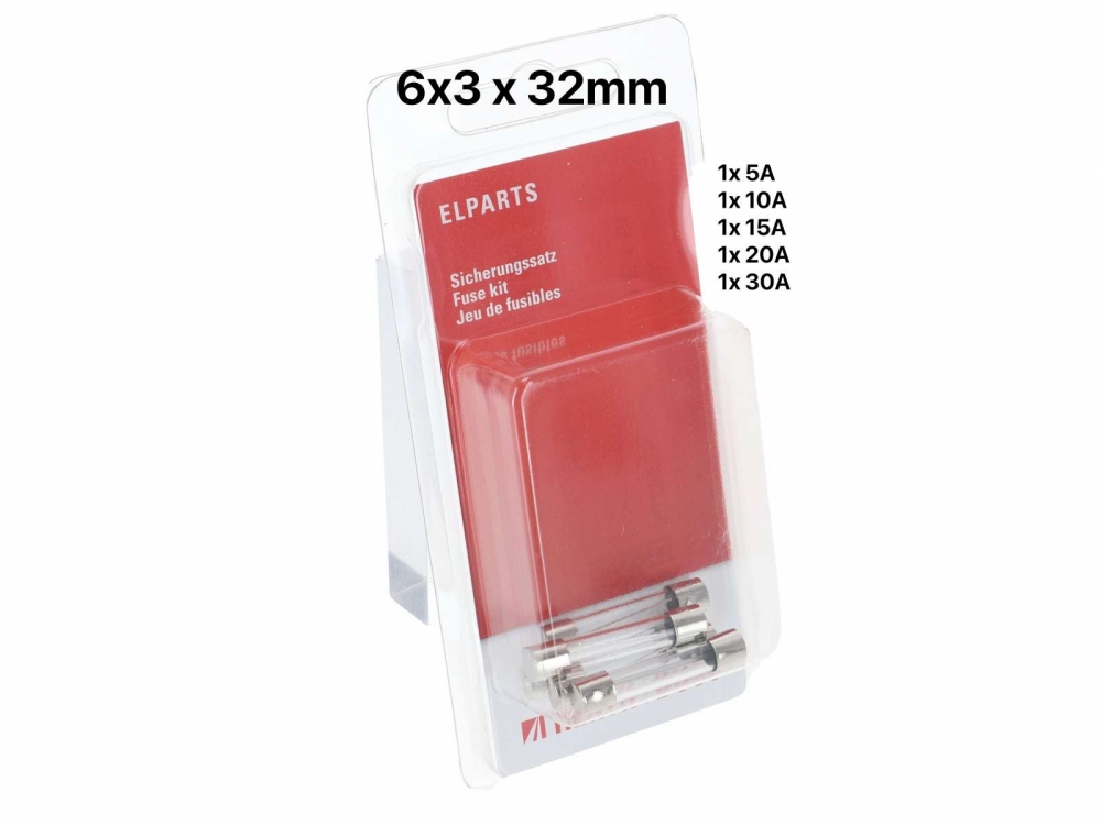 Renault - Zekeringenset (glaszekering) Inhoud: 1x elk 5A, 10A, 15A, 20A, 30A (Ampère). Afmetingen: 