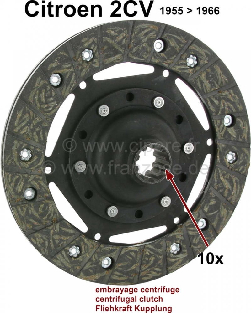 Citroen-2CV - Koppelingsplaat voor 2CV, van 1955 tot 1966. 10 tanden. Diameter: 160mm. Geschikt voor cen