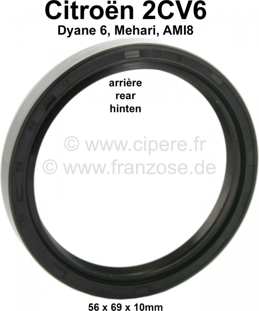 Citroen-2CV - Krukasoliekeerring achter voor Citroen 2CV6. Afmetingen: 56x69x10mm. Reproductie