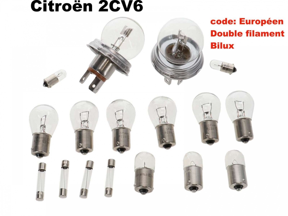 Citroen-2CV - Bilux lampenset. 12 Volt. Geschikt voor Citroen 2CV6 met Bilux koplampen. Bestaande uit: 2