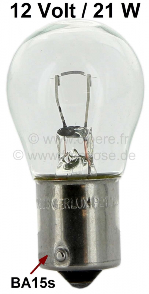 Citroen-2CV - Gloeilamp 12 volt, 21 watt. Knipperlichten voor en achter, remlicht achter, BA15s lampvoet