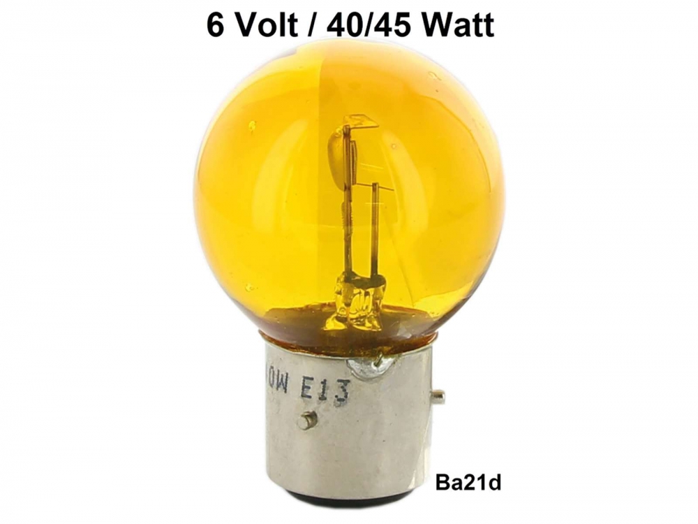 Renault - Lamp 6 Volt, 45/40 Watt. in geel!!! Lampvoet met 3 pinnen, basis Ba21d. 2CV vroege modelja