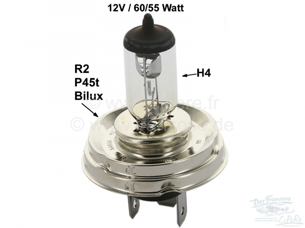Peugeot - Lamp 12 Volt, H4 met Bilux lampvoet. Hierdoor kan de Bilux reflector worden omgebouwd naar
