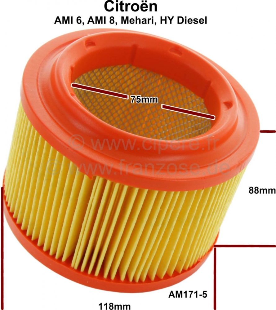 Citroen-2CV - Luchtfilterelement geschikt voor Citroen AMI6, AMI8, Mehari + Citroen HY Diesel. Buitendia