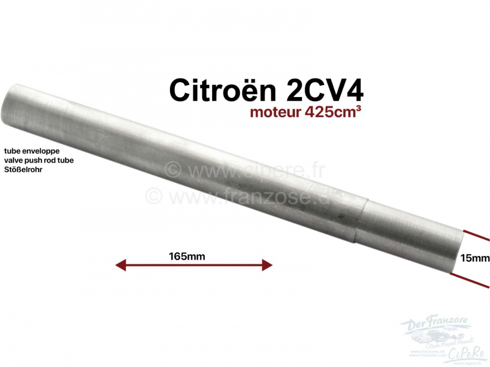 Citroen-2CV - Stoterbuis voor 2CV4 (425cc motor). Totale lengte: 165mm, diameter 16mm, passing (getrapt)