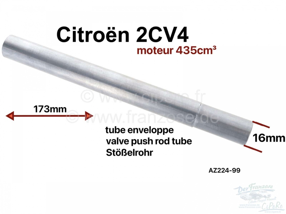 Citroen-2CV - Stoterbuis voor 2CV4 (435cc motor). Totale lengte: 173mm, passing op cilinderkop: 16mm. Of