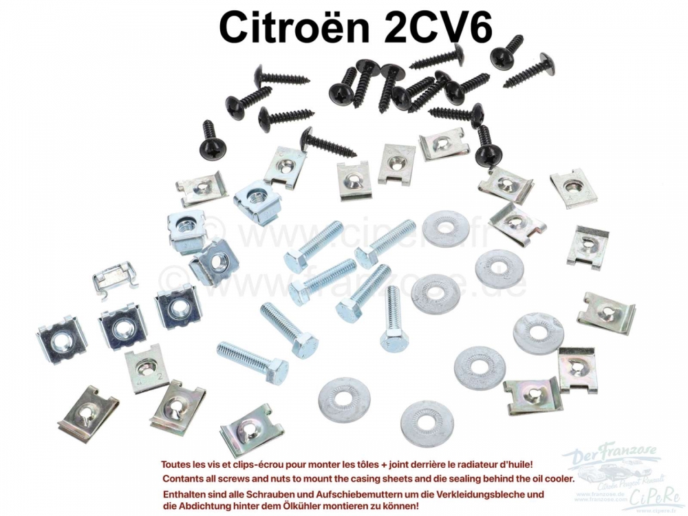 Citroen-2CV - Motorkoelschroefset, geschikt voor Citroen 2CV6. Inclusief alle schroeven en opschuifmoere