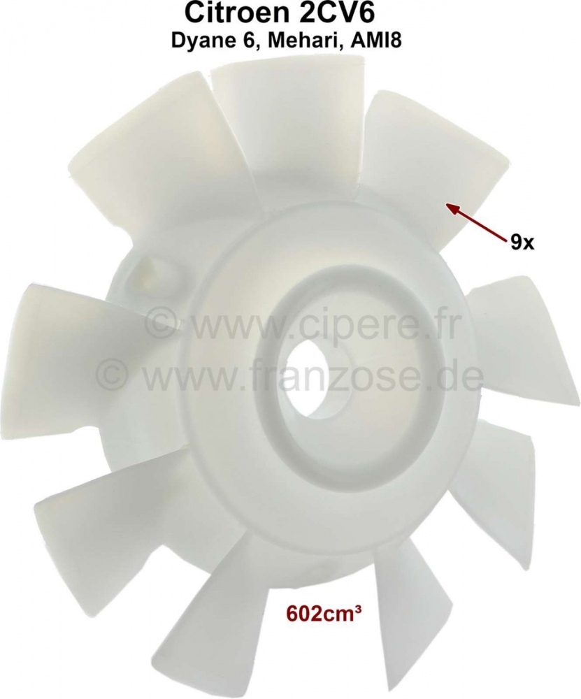 Citroen-2CV - Ventilatorblad voor 2CV6, 9 bladen (Or.Nr. 5433422 of AM241904), montage met 6 schroeven, 
