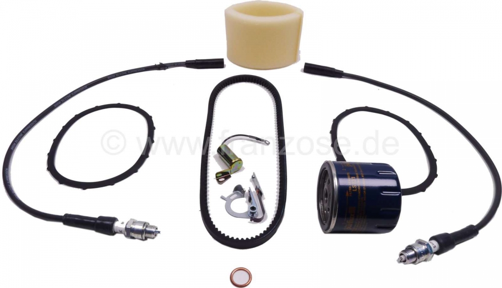 Citroen-2CV - Inspectieset voor Citroen 2CV6. Bestaande uit: 1x oliefilter + pakking, 1x V-snaar, 2x kle