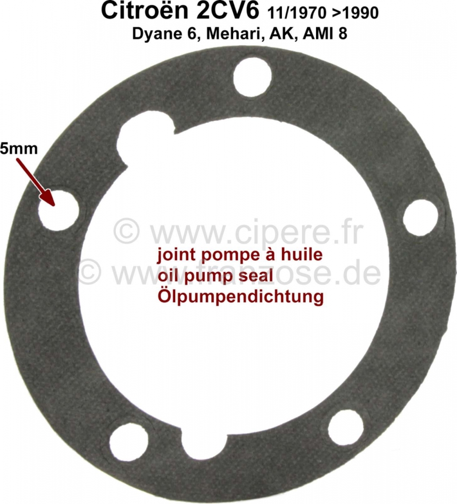 Citroen-2CV - Oliepomp pakking (papieren pakking) voor Citroen 2CV6, vanaf modeljaar 11/1970. 5x8mm mont