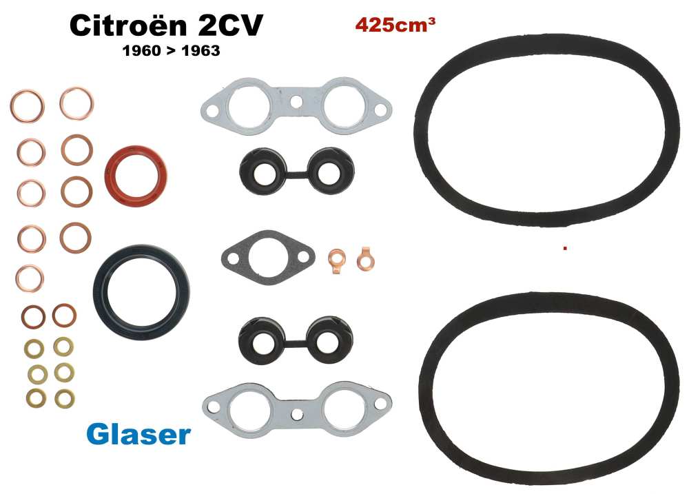 Citroen-2CV - 2CV, 425cc, motor pakkingset incl. oliekeerringen. Cilinderboring 66mm. Gemonteerd van 196