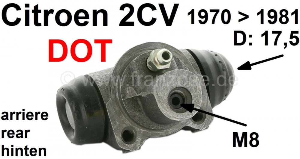 Citroen-2CV - Achterwielremcilinder, DOT remsysteem. Geschikt voor 2CV4 + 2CV6, vanaf bouwjaar 11/1970 t