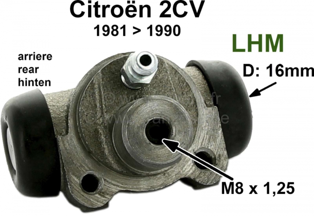 Citroen-2CV - Achterwielremcilinder, LHM remsysteem. Geschikt voor Citroen 2CV6, vanaf modeljaar 9/1981.
