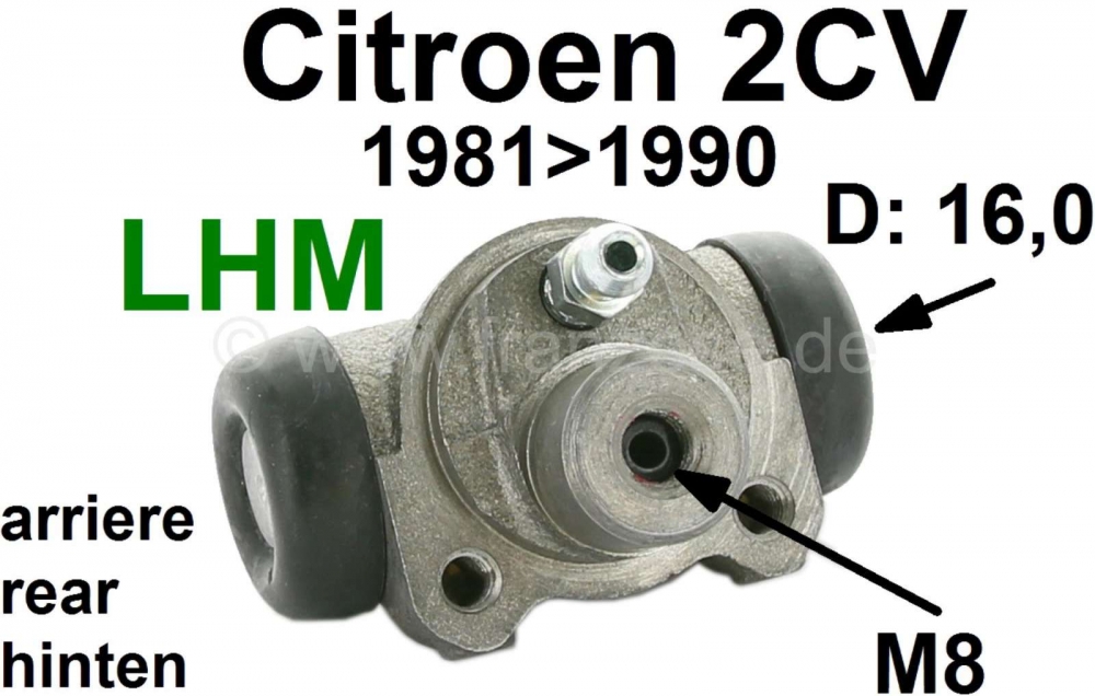 Citroen-2CV - Achterwielremcilinder, LHM remsysteem. Geschikt voor Citroen 2CV6, vanaf modeljaar 9/1981.