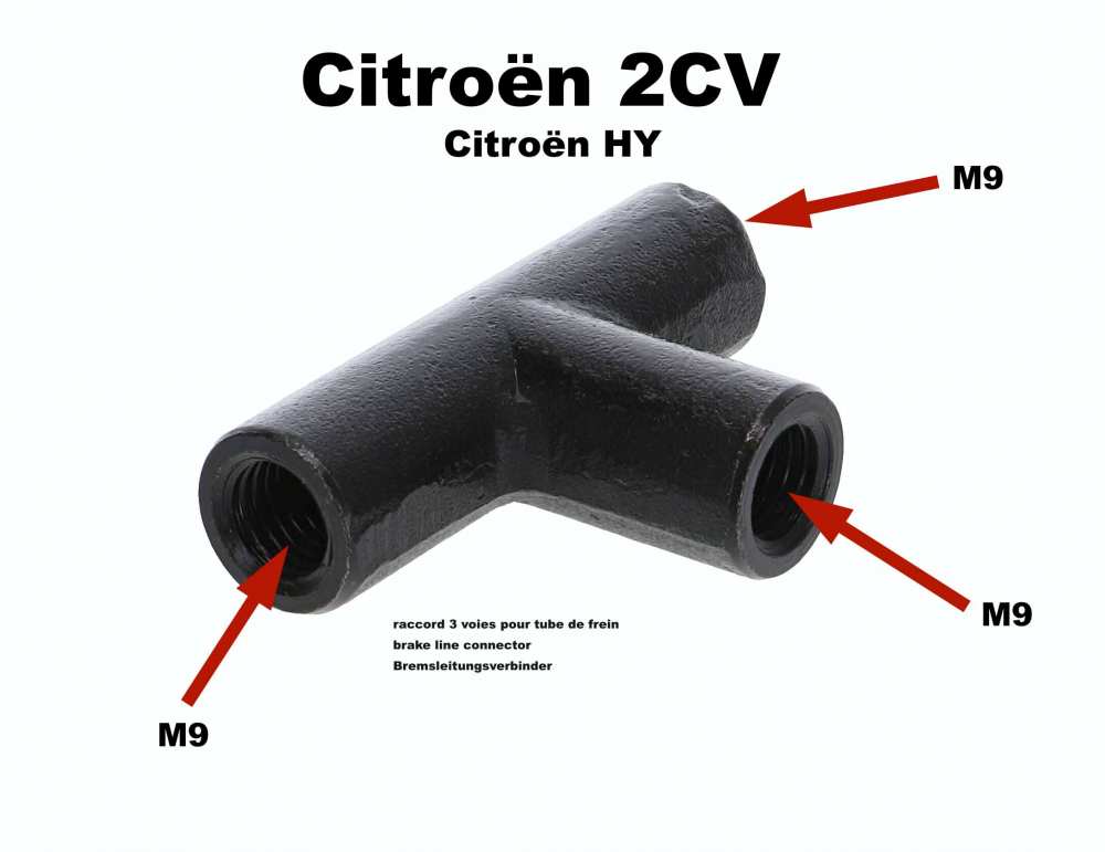 Citroen-2CV - Remleidingconnector (3-wegconnector). Schroefdraad remleidingaansluiting: M9. Gemonteerd o