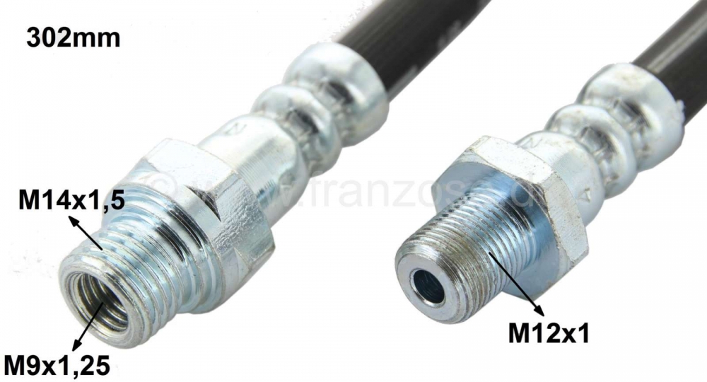 Citroen-DS-11CV-HY - Voorste remslang, geschikt voor Citroen AK, AKS, AZU (bakeend). Lengte: 302mm. 1 x buitend