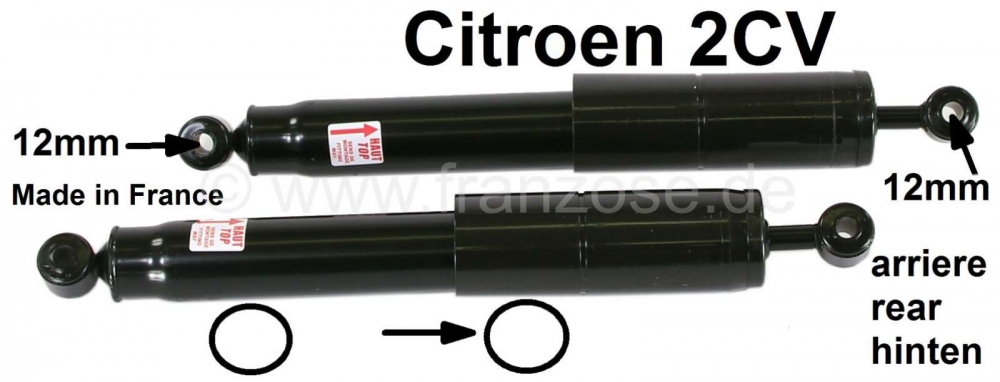 Citroen-2CV - Achterschokbreker (2 stuks), voor Citroen 2CV. Voor 12 mm schokdemperbevestiging. Fabrikan