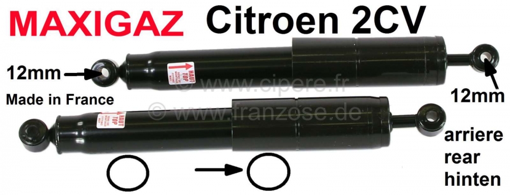 Citroen-2CV - Schokdemper gasdruk (2 stuks) achter, voor Citroen 2CV. Voor 12mm schokdemperbevestiging. 