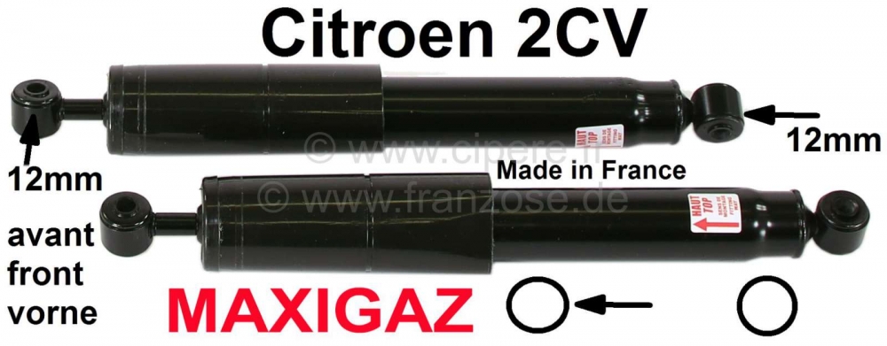 Citroen-2CV - Schokdemper gasdruk (2 stuks) voor, voor Citroen 2CV. Voor 12mm schokdemperbevestiging. Fa