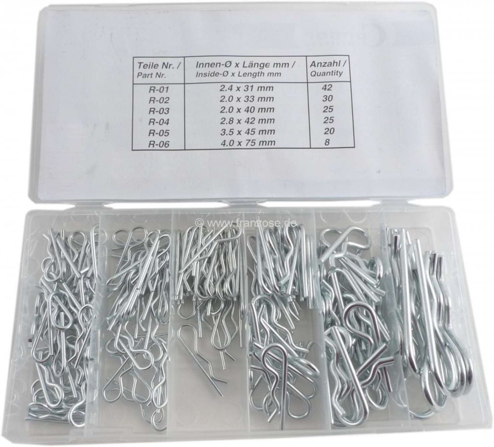 Citroen-2CV - Assortiment veerpennen, 150 stuks. 6 gangbare maten, 2,4 x 31 mm, 2,0 x 33 mm, 2,0 x 40 mm